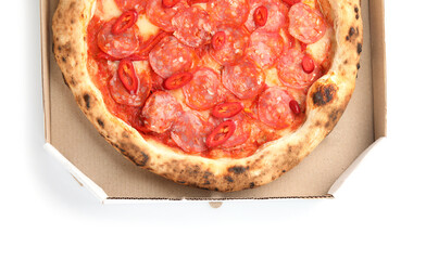 Cardboard box with delicious pepperoni pizza on white background