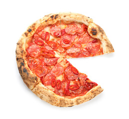 Delicious cut pepperoni pizza on white background