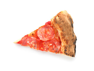 Slice of delicious pepperoni pizza on white background