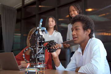 Group of international or multi ethnicity student having a discussion together about science project in class room.