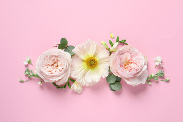 Different beautiful flowers on pink background, flat lay