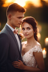 Casal de noivos posando no p&ocirc;r do sol no dia do casamento. Noiva e noivo apaixonados, desfocados atr&aacute;s da decora&ccedil;&atilde;o rom&acirc;ntica das luzes do casamento
