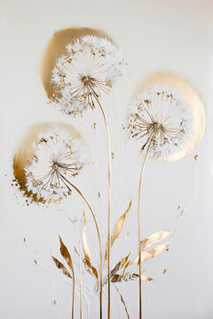 Luxury floral oil painting. Gold dandelions on white background. Generative AI © lermont51
