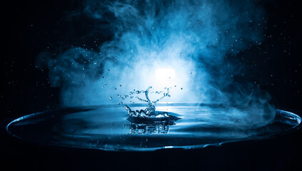 Water splash on dark foggy background. Abstract concept. Light bulb dropping on water
