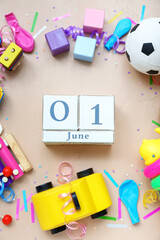 Obraz premium Date of Children's Day with toys on beige background
