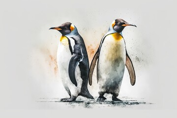 Naklejka na ściany i meble two penguins standing side by side in a snowy landscape. Generative AI