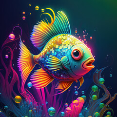 Colorful fish in neon colors. Pop style art. Generative AI