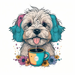 Graphic of a cute happy dog, drinking tea or coffe, detail design, colorful, contour, white background, generative ai 