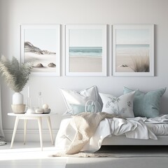 A mock-up living room in 3D rendering, with a soft color palette and natural textures that evoke a sense of calm and relaxation. generative AI