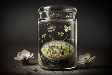 glass jar terrarium filled with plants and moss. Generative AI