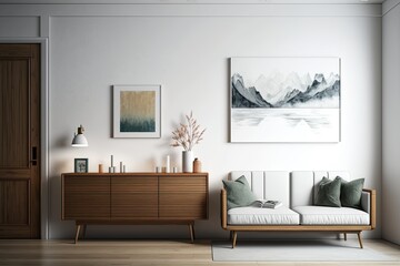 cozy living room with a colorful painting as the focal point. Generative AI