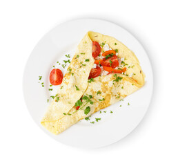 Tasty omelet with tomatoes on white background