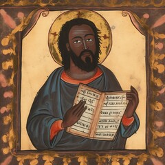 Simulated Medieval Fresco or Illuminated Manuscript Dark Skinned Jesus Christ Illustration [Generative AI] - obrazy, fototapety, plakaty