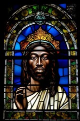 Fototapeta premium Kingly Black Christ Portrait in Stained Glass Window Illustration [Generative AI]