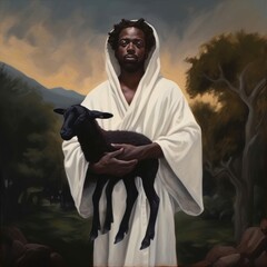Black Lamb in the Arms of the Good Shepherd Jesus Christ Painterly Portrait Illustration [Generative AI]
