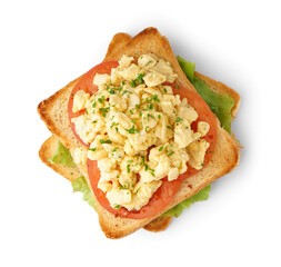 Tasty scrambled eggs sandwich on white background
