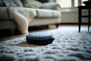 robotic vacuum cleaner cleaning a living room floor. Generative AI