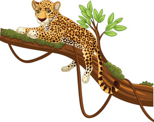 Cartoon leopard lying on a tree branch  © tigatelu