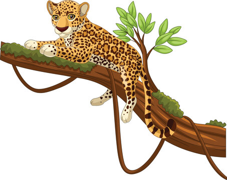 Cartoon leopard lying on a tree branch 