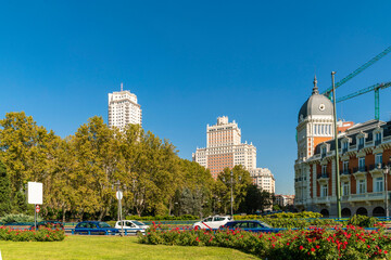 Plaza de Espana in Madrid with skyscrapers, Spain