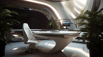 Concept modern home office. Plants, table, pc, futuristic, designer, art. Created using generative AI.