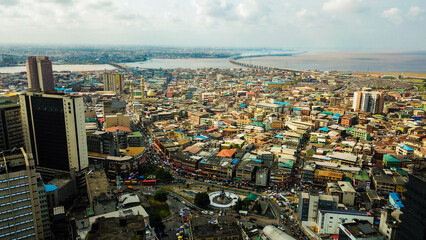 Bird eye view of crowded buildings in Lagos Island Nigeria - obrazy, fototapety, plakaty