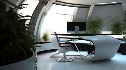 Concept modern home office. Plants, table, pc, futuristic, designer, art. Created using generative AI.