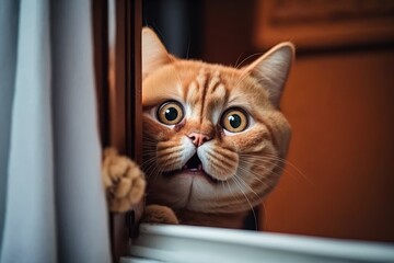curious cat looking out of a window with an open mouth. Generative AI