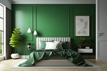 cozy bedroom with green walls and a white bed. Generative AI