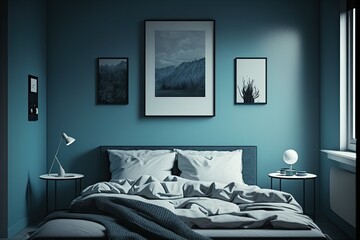 cozy bedroom with blue walls and a spacious bed. Generative AI