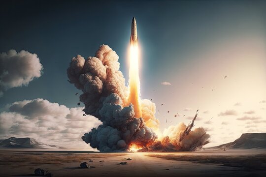 Rocket Launching into the Sky with a Trail of Smoke. Generative AI