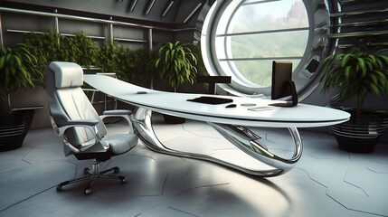 Concept modern home office. Plants, table, pc, futuristic, designer, art. Created using generative AI.