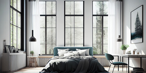 Minimalist Elegance: A Modern Scandinavian-Style Bedroom Illustrated with Large French Windows, Radiating Natural Light and Serenity, generative ai