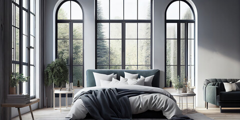 Minimalist Elegance: A Modern Scandinavian-Style Bedroom Illustrated with Large French Windows, Radiating Natural Light and Serenity, generative ai