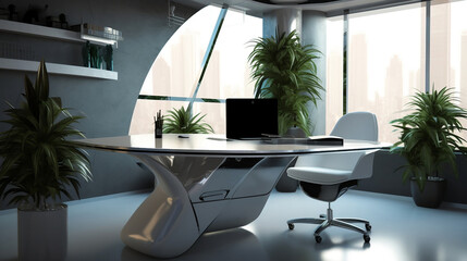 Concept modern home office. Plants, table, pc, futuristic, designer, art. Created using generative AI.