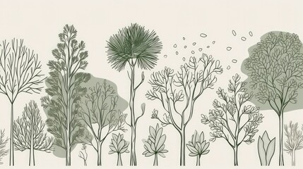Simple line drawings of trees and plants wallpaper