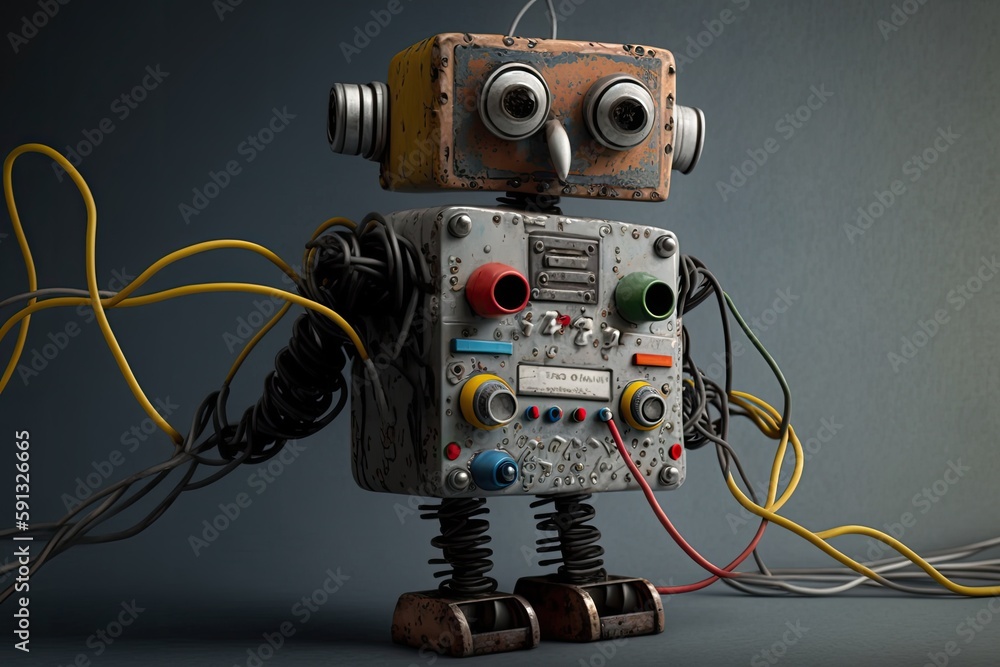 Poster robot connected to various wires and cables. generative ai