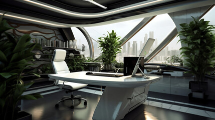 Concept modern home office. Plants, table, pc, futuristic, designer, art. Created using generative AI.