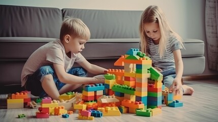 Kids having fun with building blocks constructing houses