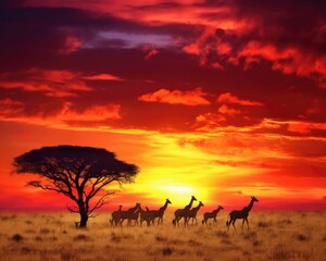 Naklejka na ściany i meble Wild animals on a safari during sunset