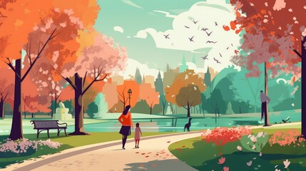 Obraz na płótnie Canvas Springtime Walk Illustration City Park