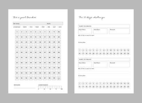 2 set of 30 Days challenge and 100 days goal tracker Planner. Cute style with Sean and Sea partners. Plan your day make dream happen.	