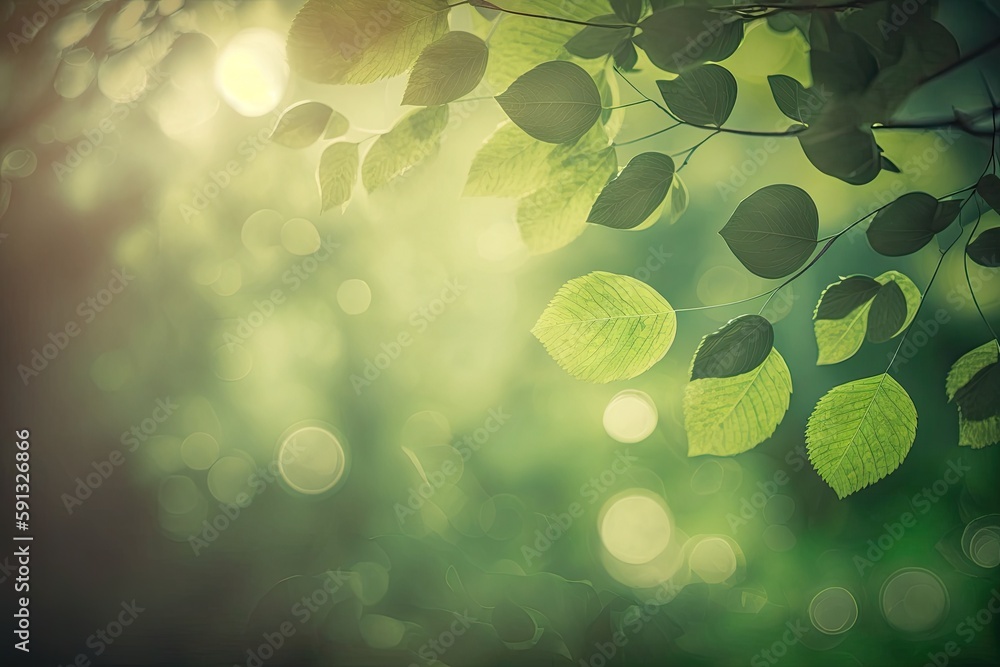 Poster close-up view of green leaves on a tree branch. generative ai