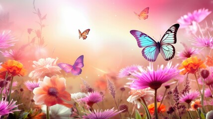 Naklejka na ściany i meble Flowers and butterflies