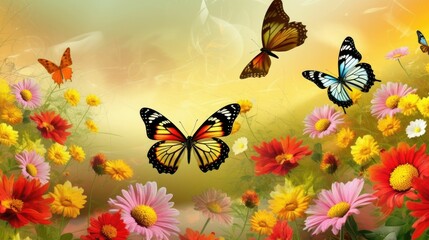 Fototapeta na wymiar Beautiful flowers and butterflies