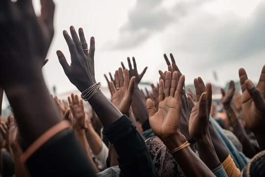 a crowd of people raised their hands to the sky, a collective prayer to God generative ai
