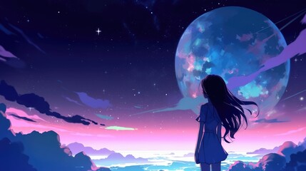 Illustration of Girls in Cosmic Landscape on Dark Background