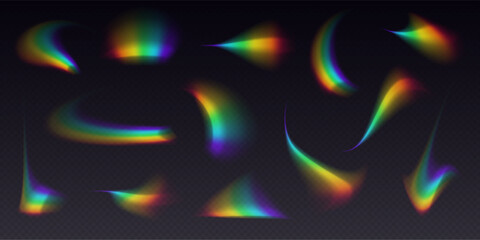 Refractions set, leak flare overlay, rainbow sunlight effect, holographic rays collection isolated on a black background. Blurred bokeh retro photo texture, vintage camera glare. Vector illustration.