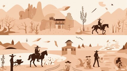 Minimalist illustrations of Wild West in neutral colors