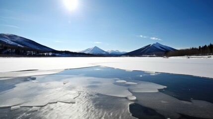Frozen lake with snow cover in winter